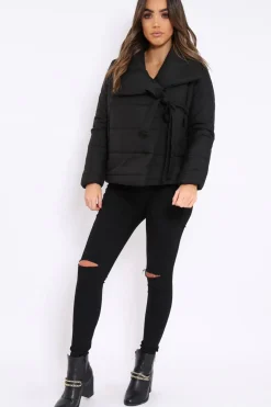 Rebellious Fashion Black Puffer Jacket with Tie Front - Lolamae