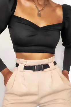 Rebellious Fashion Black Puff Sleeve Sweetheart Neckline Crop Top - Tomi
