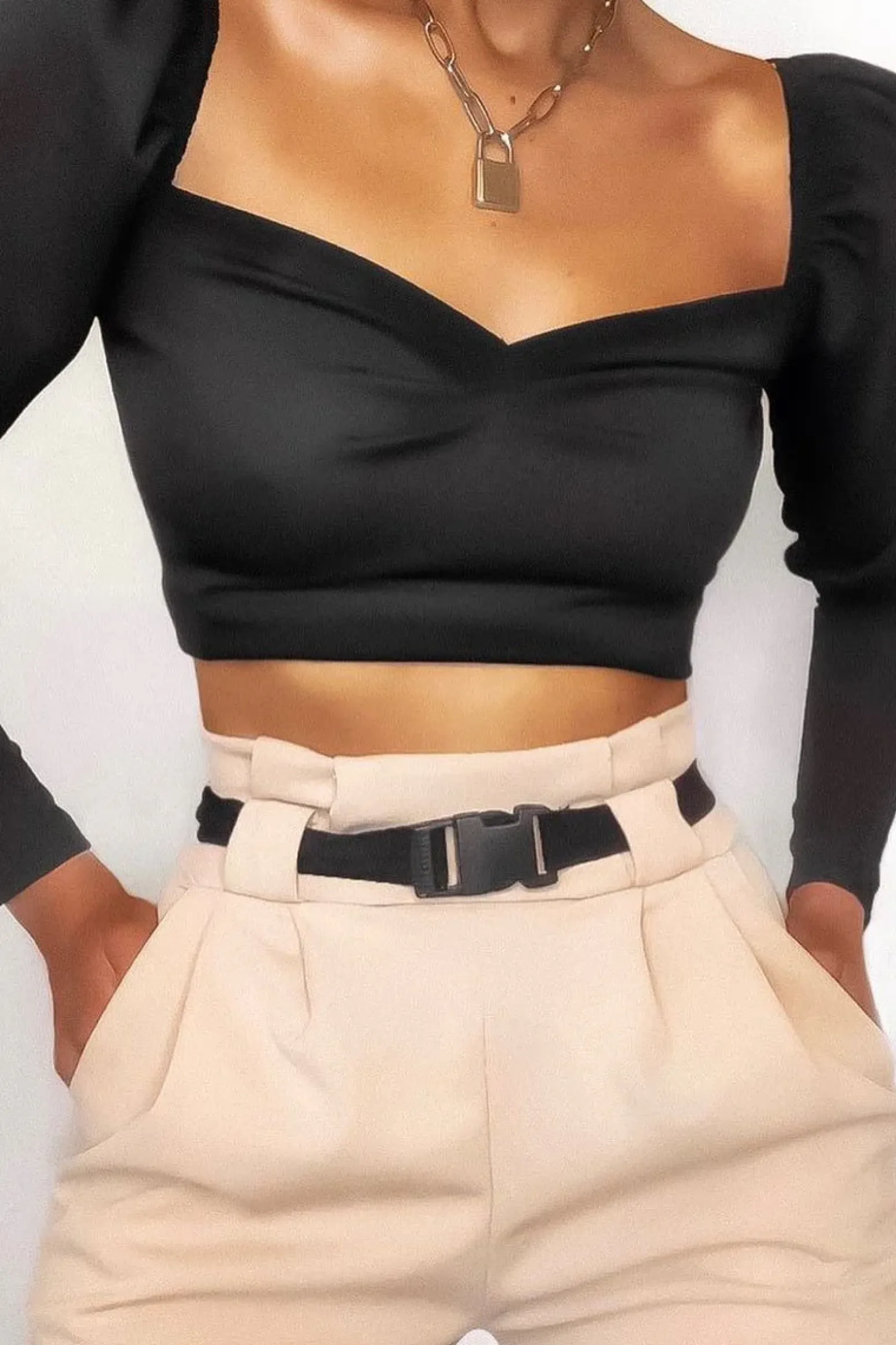 Rebellious Fashion Black Puff Sleeve Sweetheart Neckline Crop Top - Tomi