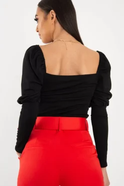 Rebellious Fashion Black Puff Sleeve Sweetheart Neckline Crop Top - Tomi