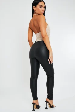 Rebellious Fashion Black PU Leather Button Detailed Biker Leggings - Donda