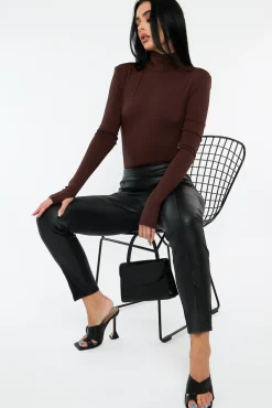 Rebellious Fashion Black PU Leather Front Slit Trousers - Caro