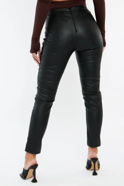 Rebellious Fashion Black PU Leather Front Slit Trousers - Caro