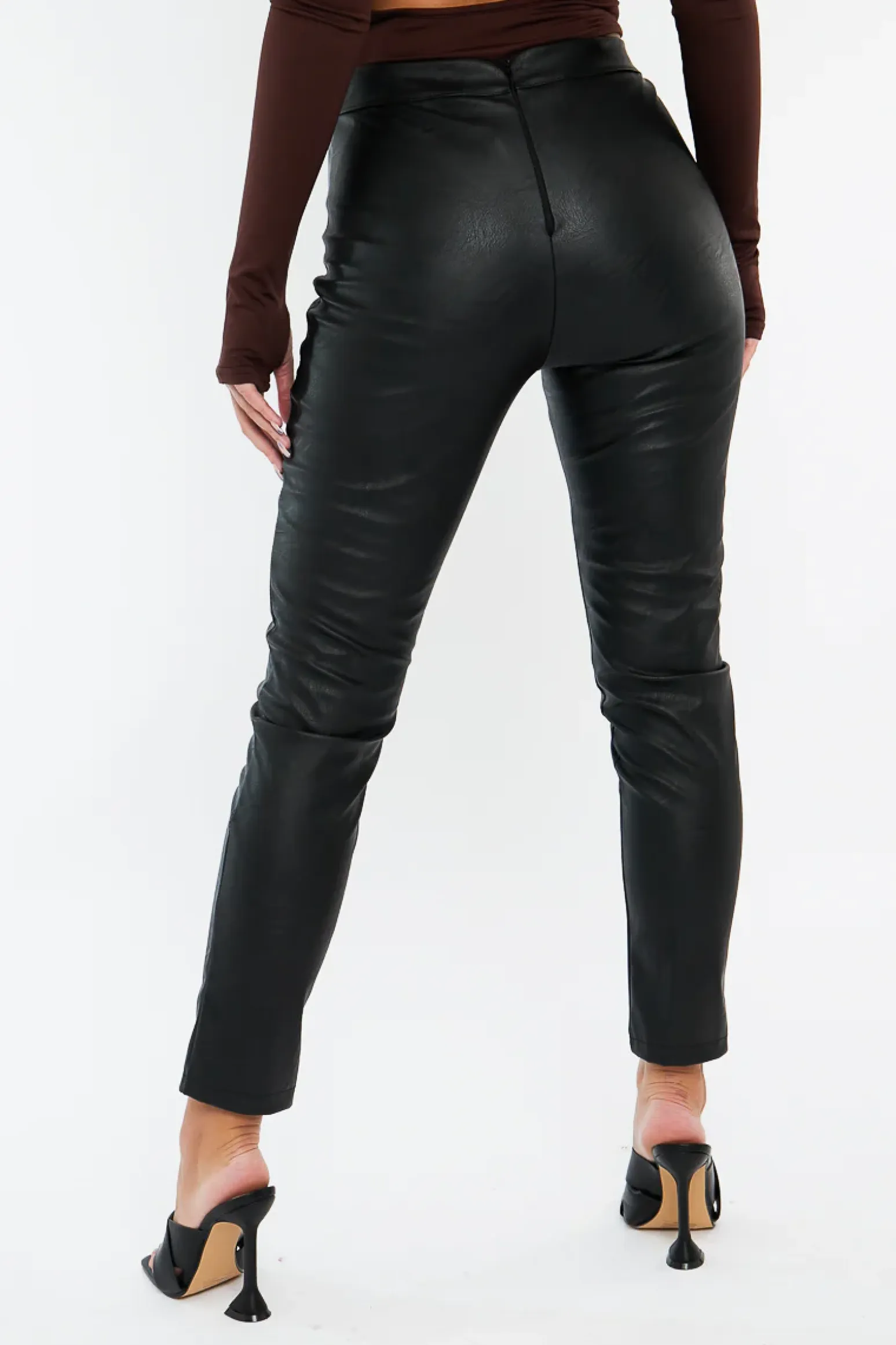 Rebellious Fashion Black PU Leather Front Slit Trousers - Caro