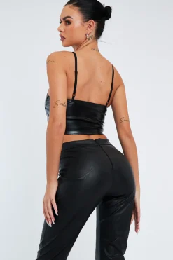 Rebellious Fashion Black PU Leather Hook And Eye Corset Crop Top - Zelah