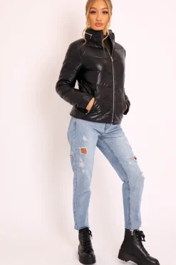 Rebellious Fashion Black PU Leather Puffer Coat - Kobie