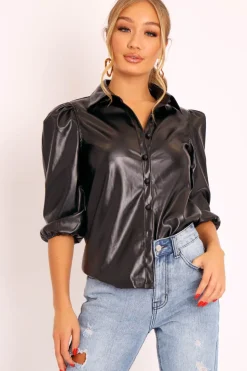 Rebellious Fashion Black PU leather 3/4 Puff Sleeve Shirt - Pyper