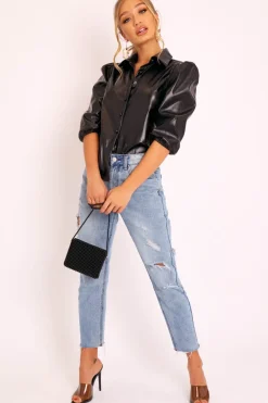 Rebellious Fashion Black PU leather 3/4 Puff Sleeve Shirt - Pyper