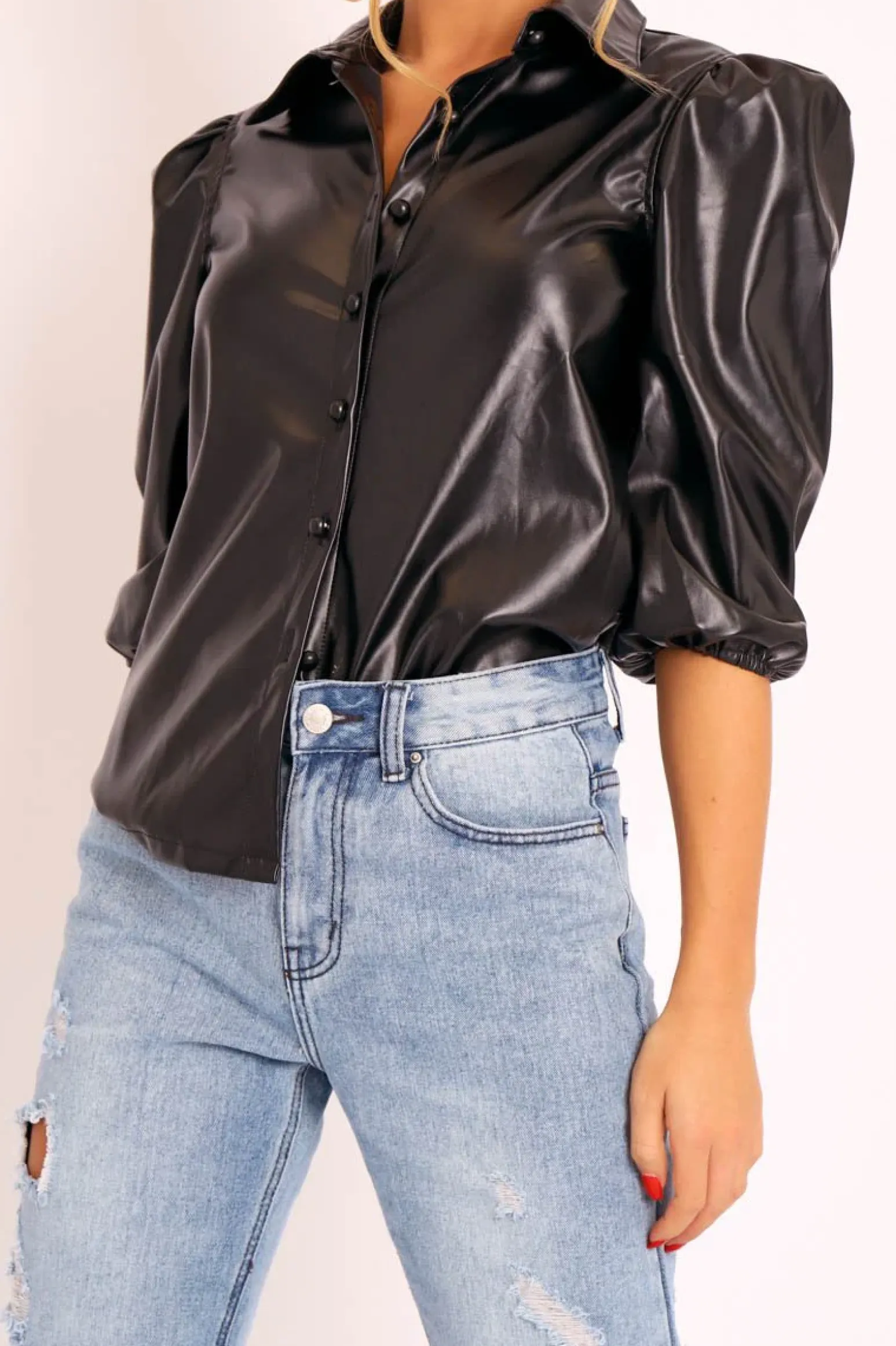 Rebellious Fashion Black PU leather 3/4 Puff Sleeve Shirt - Pyper