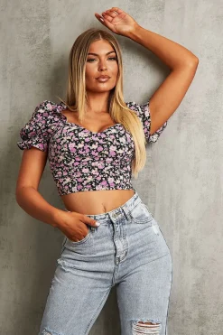 Rebellious Fashion Black Purple Floral Corset Crop Top - Ferne