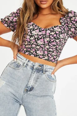 Rebellious Fashion Black Purple Floral Corset Crop Top - Ferne