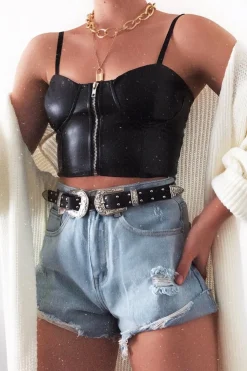 Rebellious Fashion Black PU Zip Front Bralet - Linsa