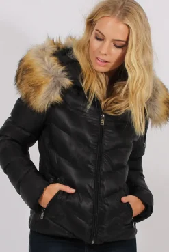 Rebellious Fashion Black Quilted Coat with Faux Fur Hood Trim - Ester