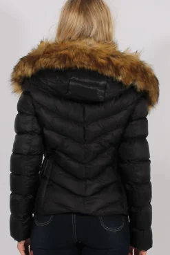 Rebellious Fashion Black Quilted Coat with Faux Fur Hood Trim - Ester