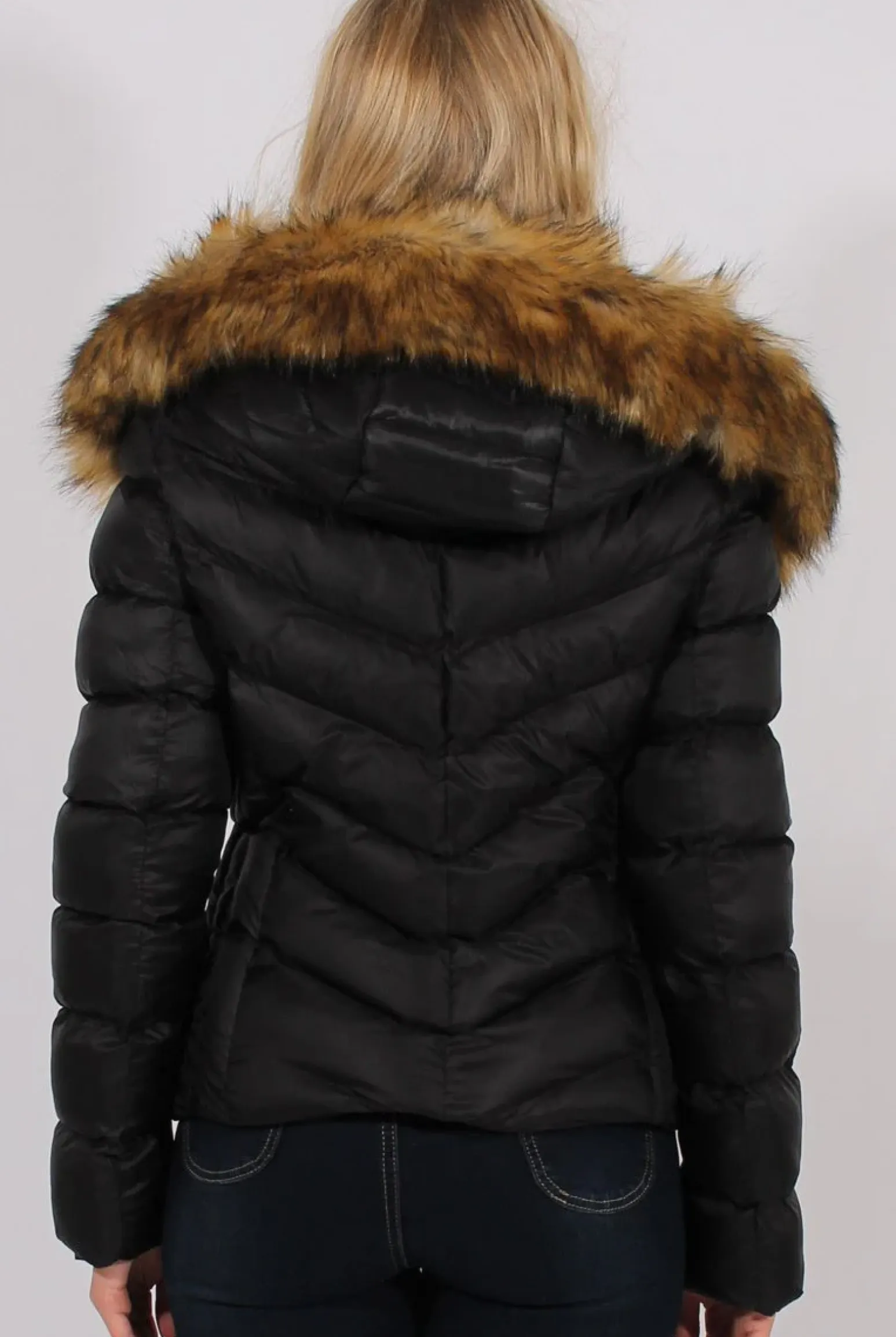 Rebellious Fashion Black Quilted Coat with Faux Fur Hood Trim - Ester