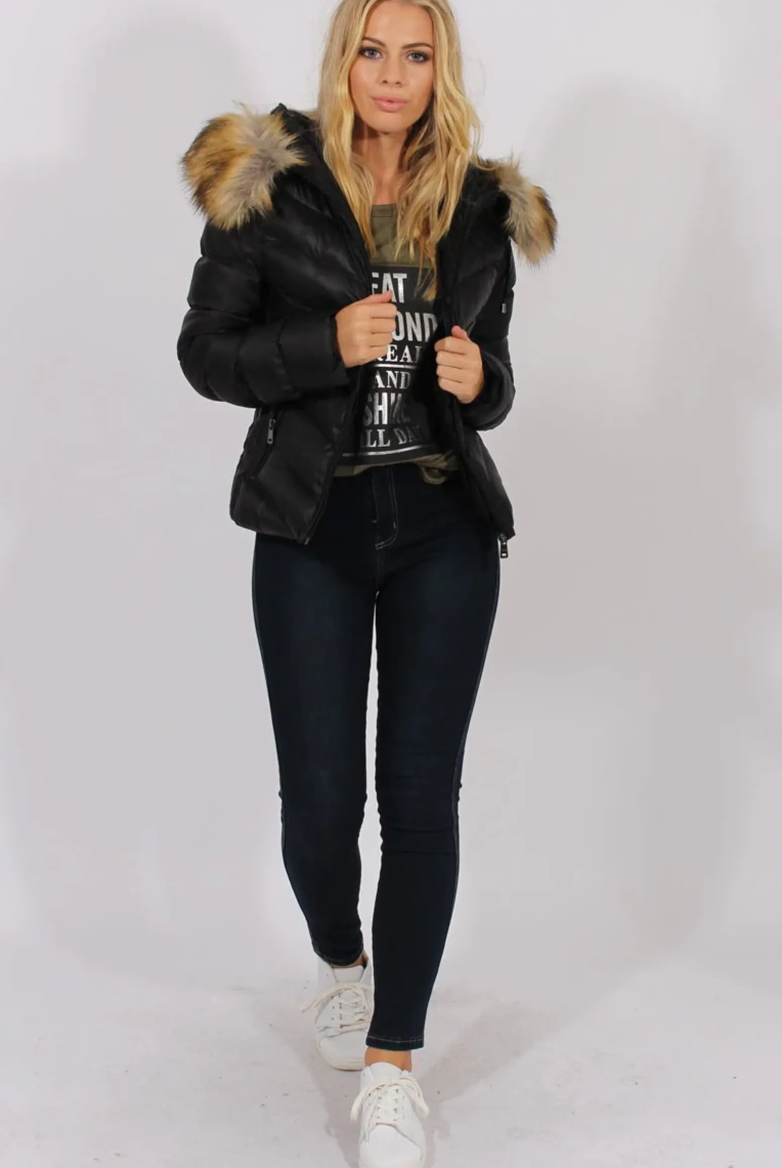 Rebellious Fashion Black Quilted Coat with Faux Fur Hood Trim - Ester