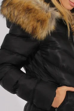 Rebellious Fashion Black Quilted Coat with Faux Fur Hood Trim - Ester