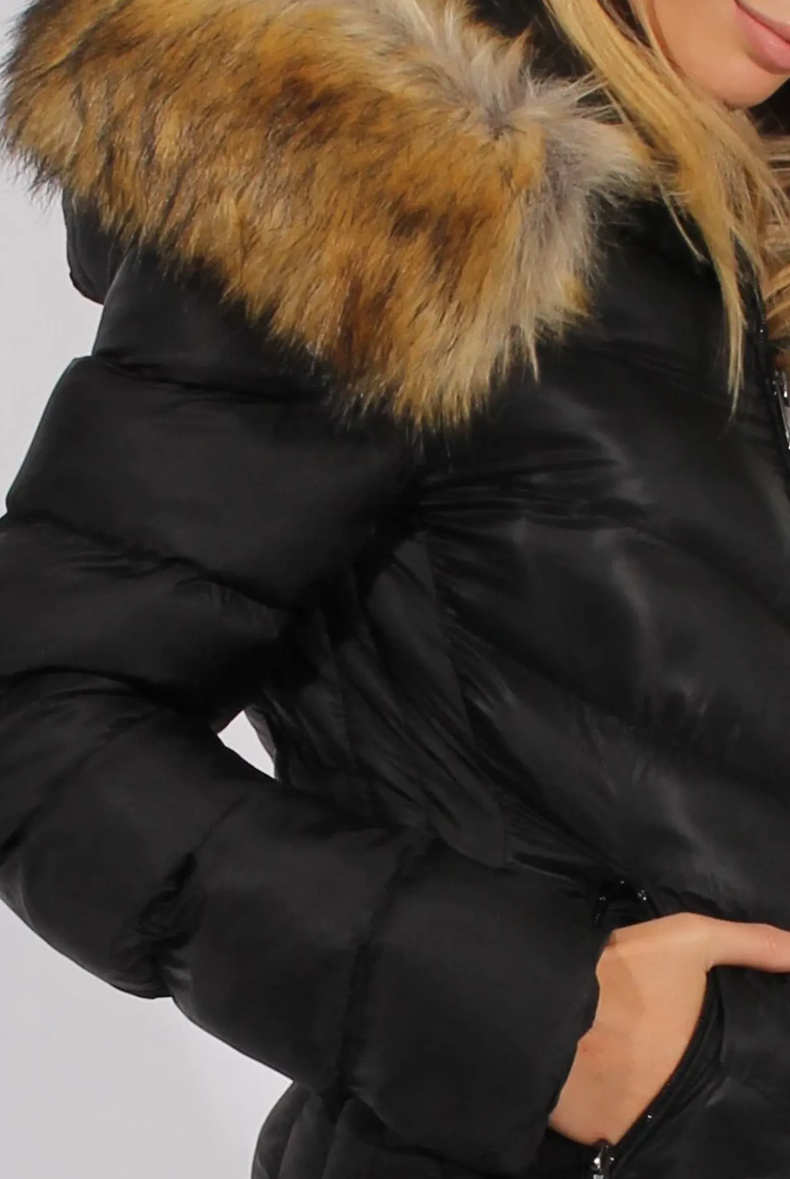 Rebellious Fashion Black Quilted Coat with Faux Fur Hood Trim - Ester