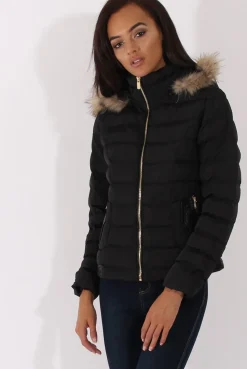 Rebellious Fashion Black Quilted Coat with Faux Fur Hood - Vega