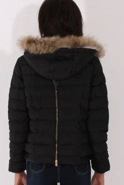 Rebellious Fashion Black Quilted Coat with Faux Fur Hood - Vega