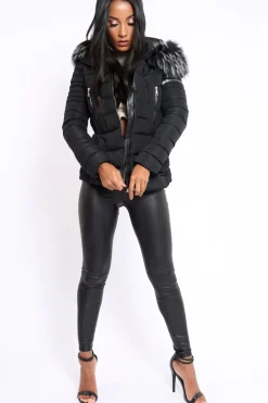 Rebellious Fashion Black Quilted Coat with Fur Hood - Indee