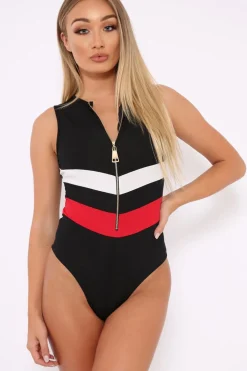 Rebellious Fashion Black Red and White Chevron Zip Front Bodysuit - Elliani