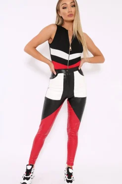 Rebellious Fashion Black Red and White Chevron Zip Front Bodysuit - Elliani