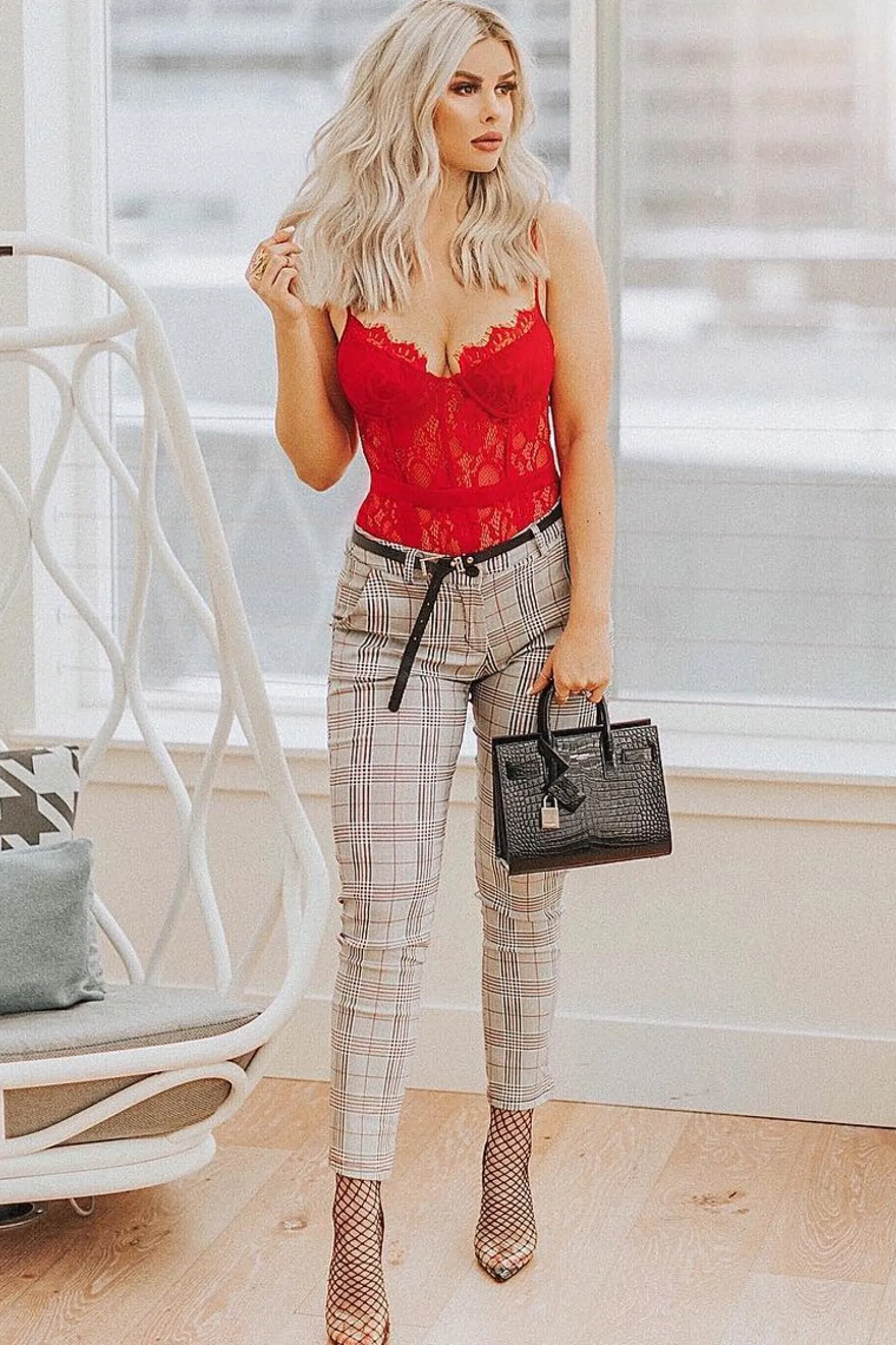 Rebellious Fashion Black Red Check Belted Skinny Trousers - Jayani