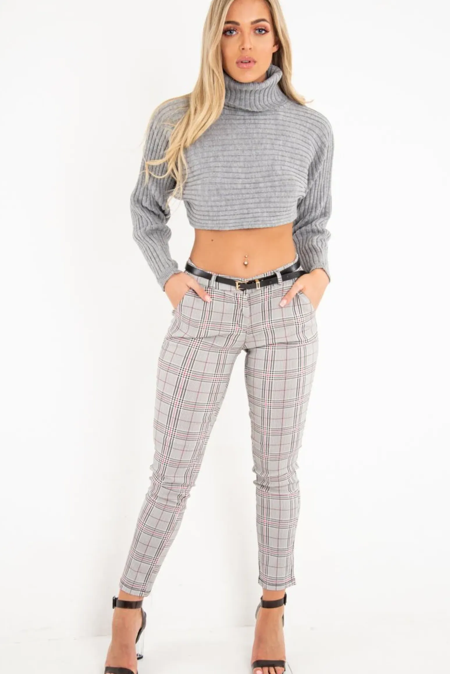 Rebellious Fashion Black Red Check Belted Skinny Trousers - Jayani
