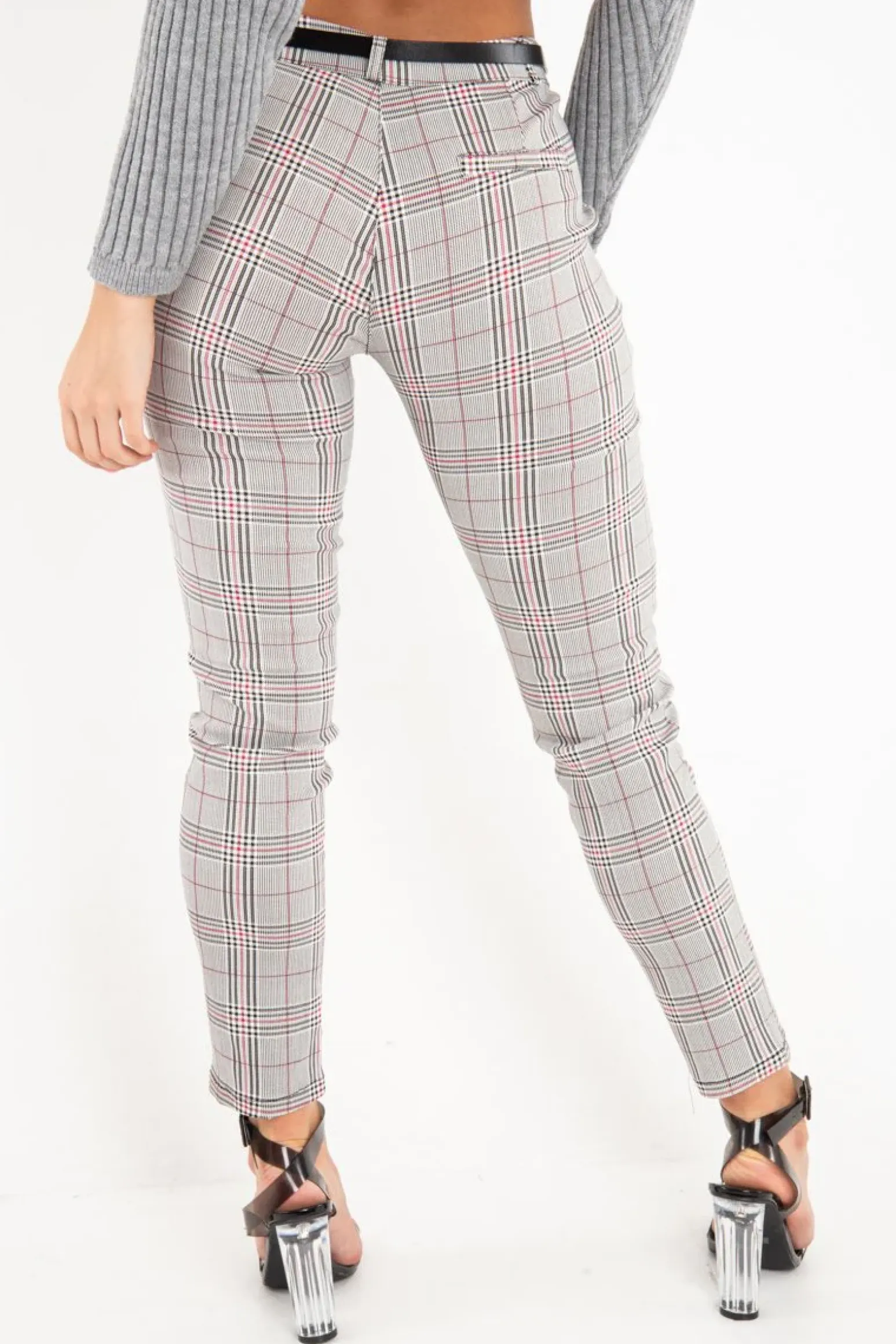 Rebellious Fashion Black Red Check Belted Skinny Trousers - Jayani