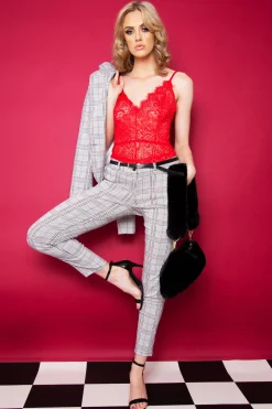 Rebellious Fashion Black Red Check Belted Skinny Trousers - Jayani