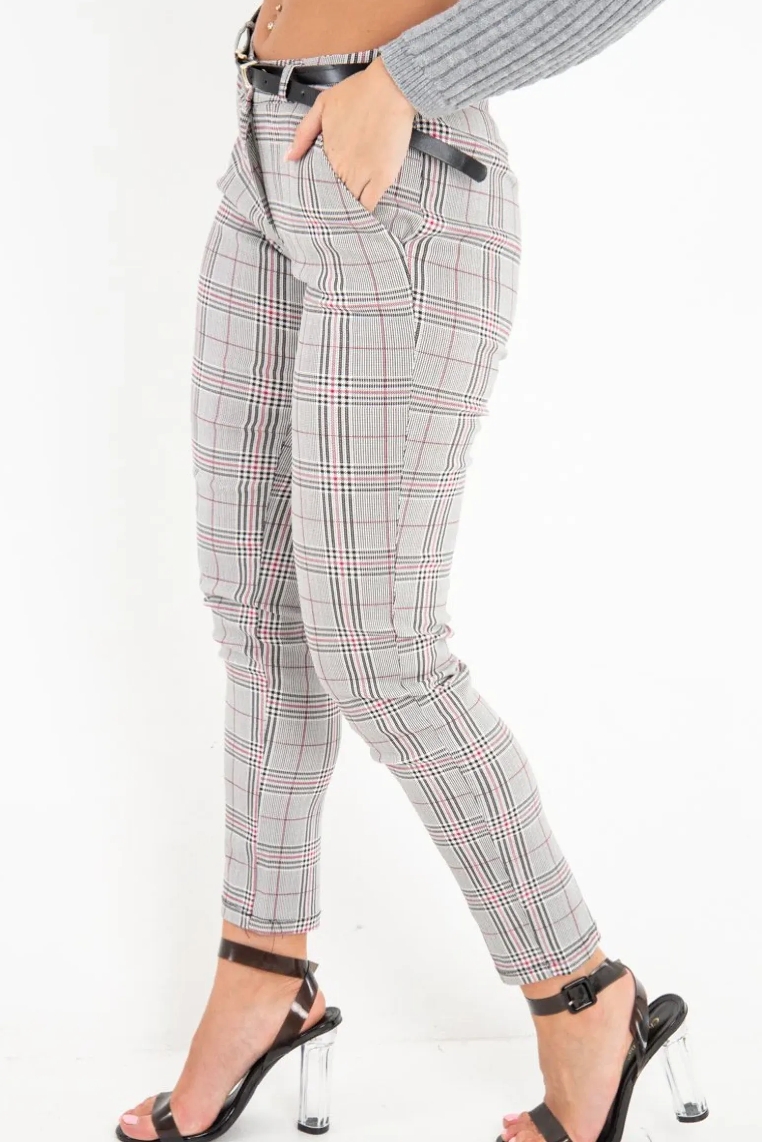 Rebellious Fashion Black Red Check Belted Skinny Trousers - Jayani
