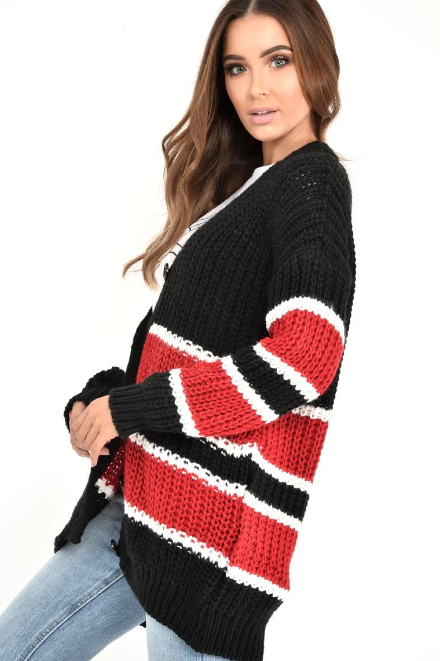 Rebellious Fashion Black Red Colour Block Chunky Knit Cardigan - Brionna