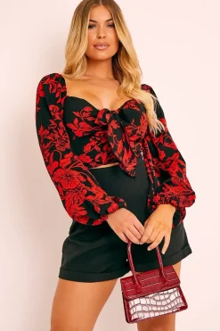 Rebellious Fashion Black Red Floral Milkmaid Crop Top - Eyra