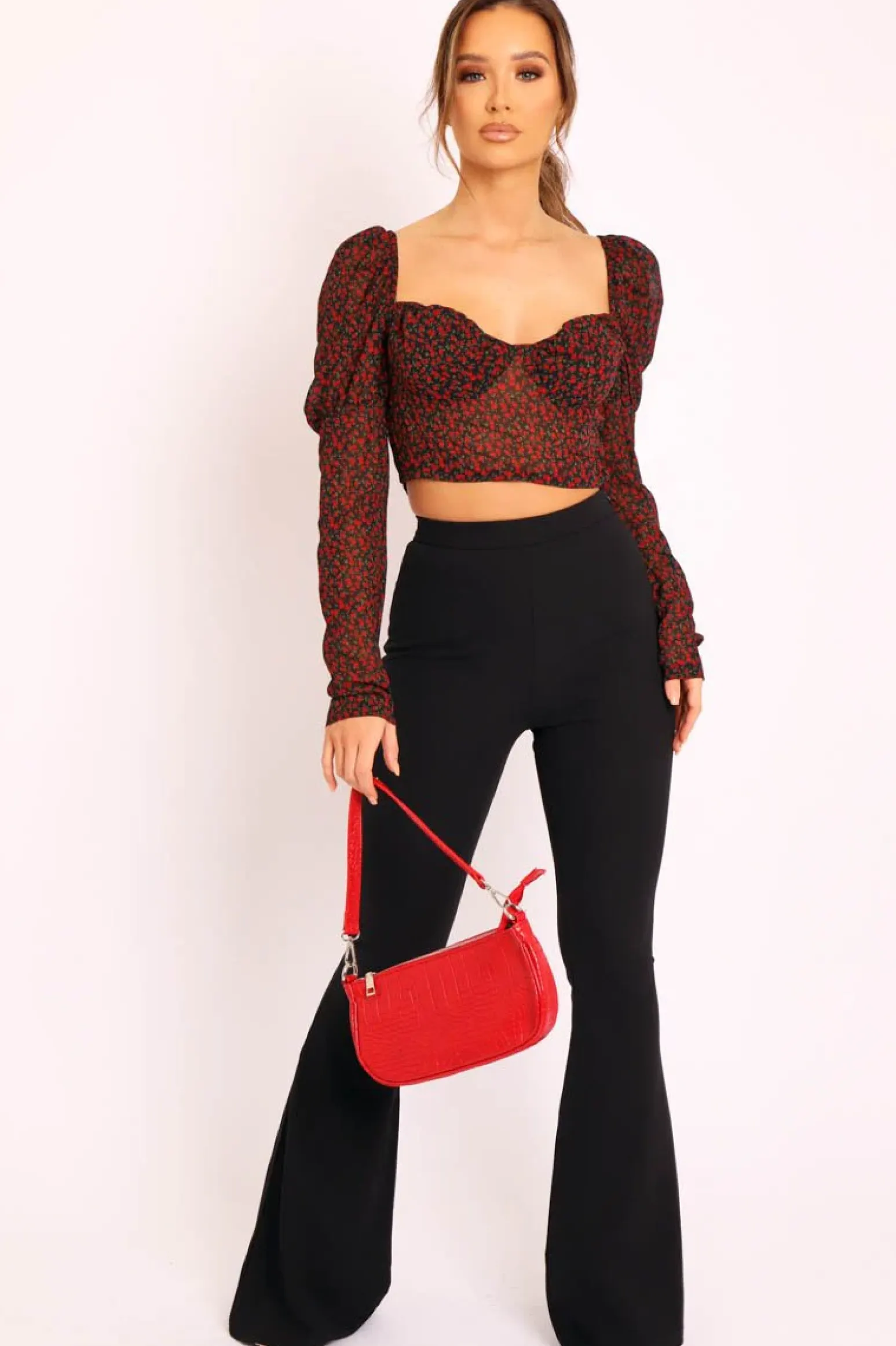 Rebellious Fashion Black Red Floral Print Puff Sleeve Milkmaid Crop Top - Caddie
