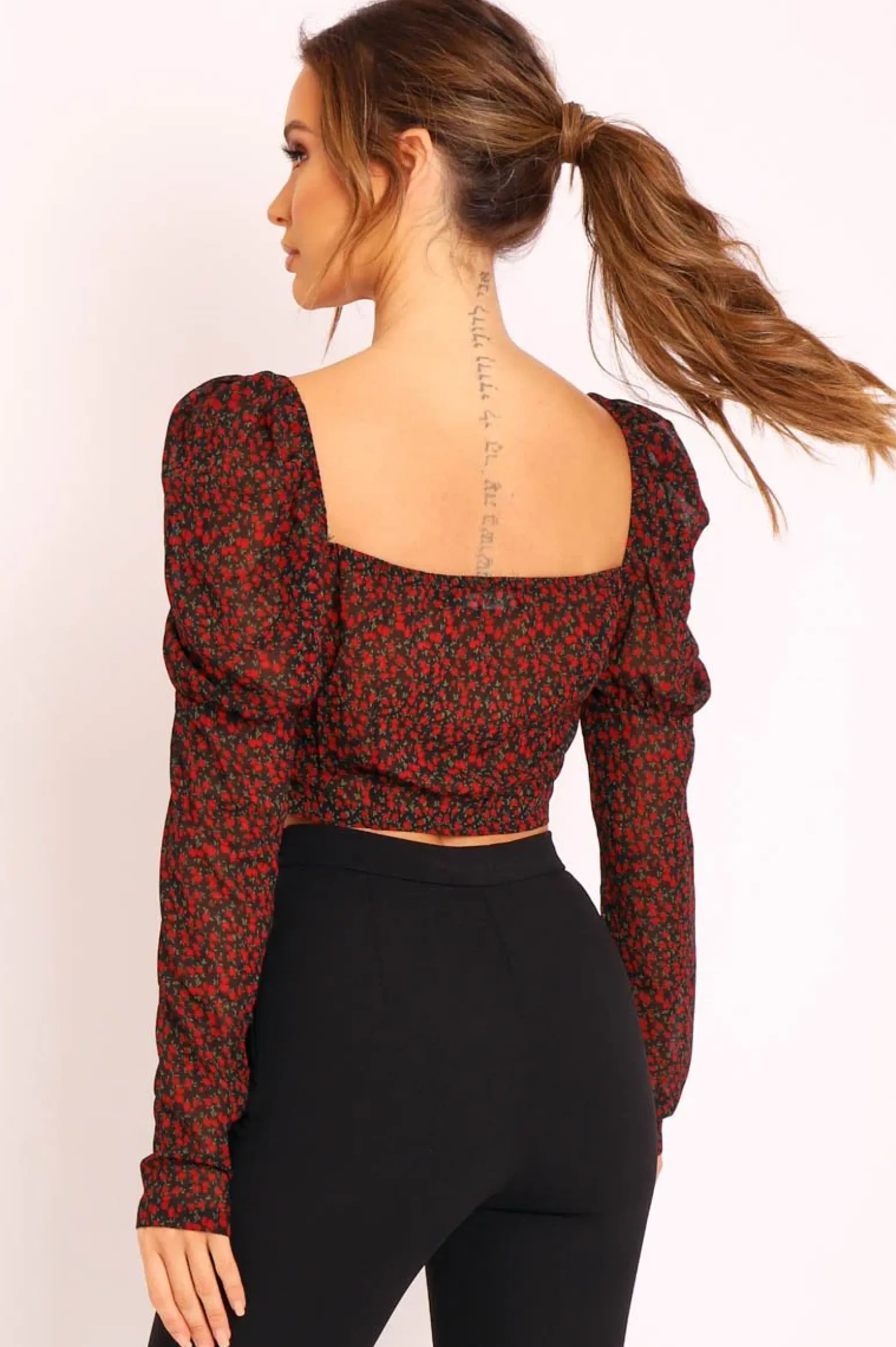 Rebellious Fashion Black Red Floral Print Puff Sleeve Milkmaid Crop Top - Caddie