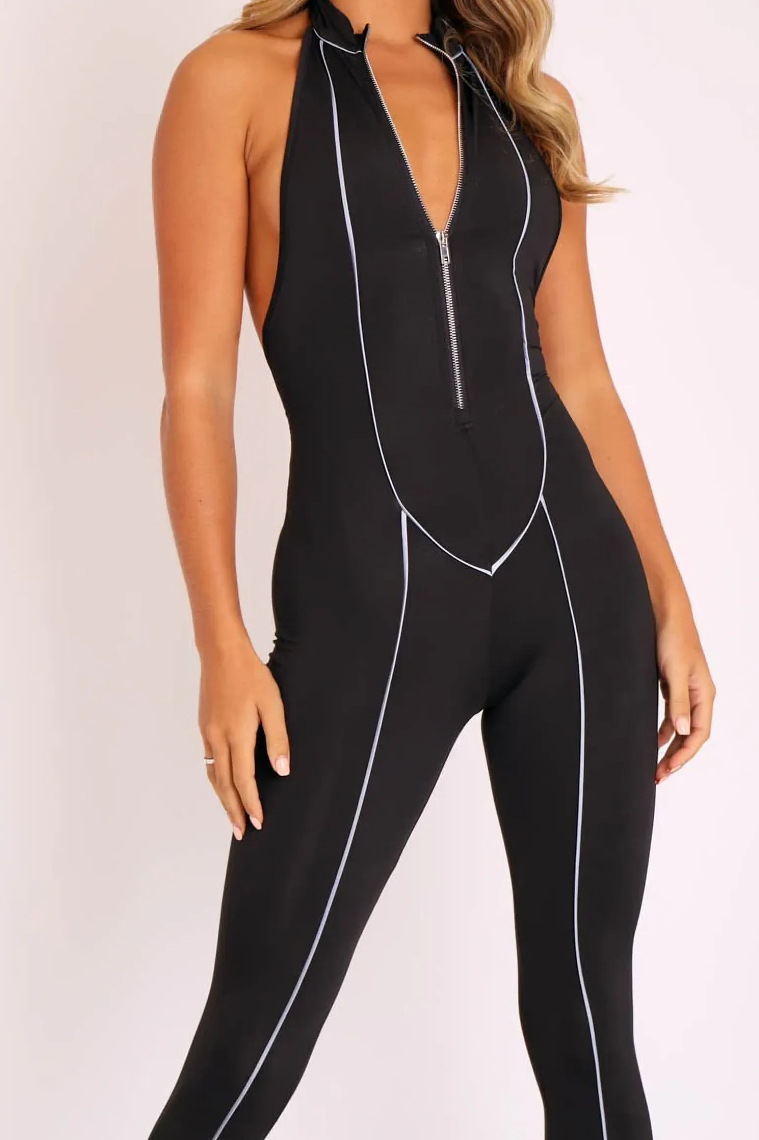 Rebellious Fashion Black Reflective Seam Zip Front Backless Jumpsuit - Raegann