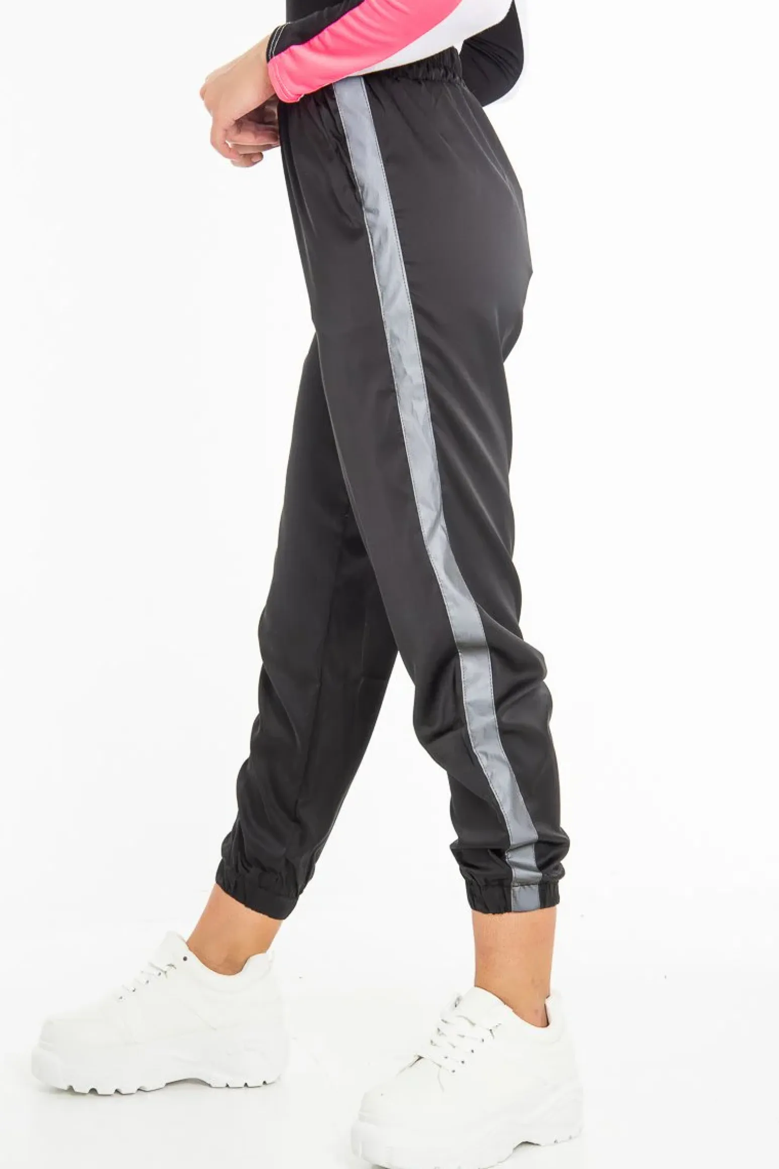Rebellious Fashion Black Reflective Stripe Detail Joggers - Rosealee