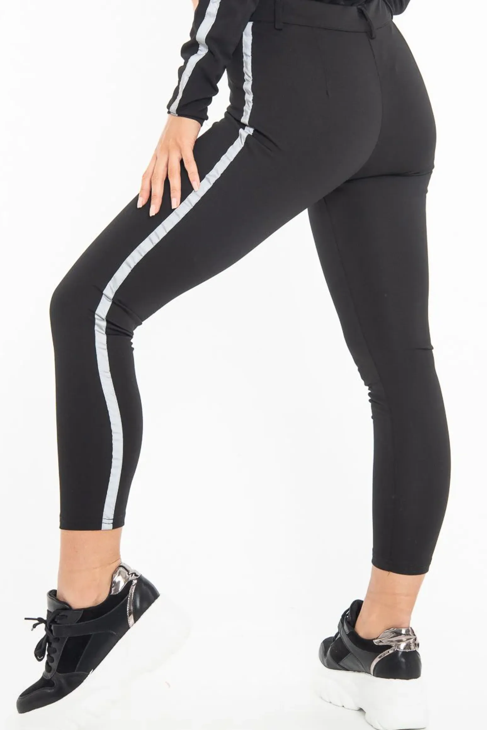 Rebellious Fashion Black Reflective Stripe Side Cigarette Trousers - Nicky
