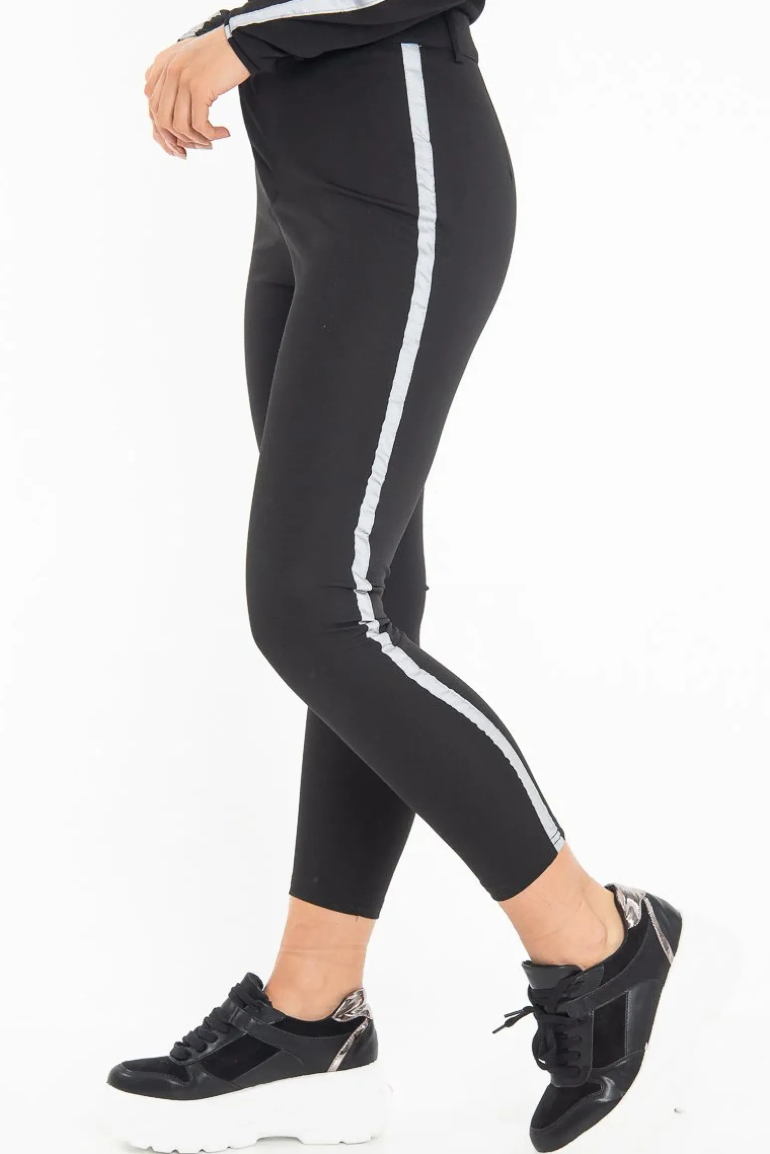 Rebellious Fashion Black Reflective Stripe Side Cigarette Trousers - Nicky