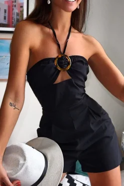 Rebellious Fashion Black Resin Buckle Tie Detail Halterneck Playsuit - Jules