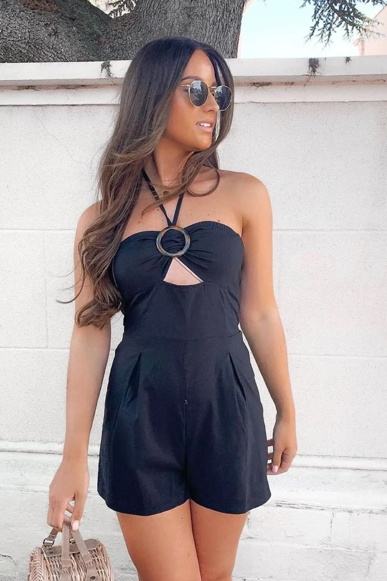 Rebellious Fashion Black Resin Buckle Tie Detail Halterneck Playsuit - Jules