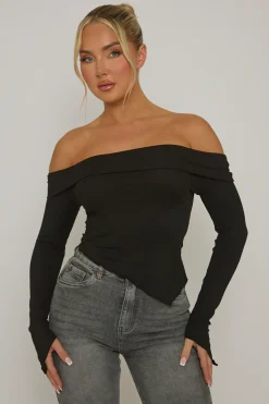 Rebellious Fashion Black Rib Bardot Asymmetric Top - Vittoria