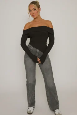 Rebellious Fashion Black Rib Bardot Asymmetric Top - Vittoria