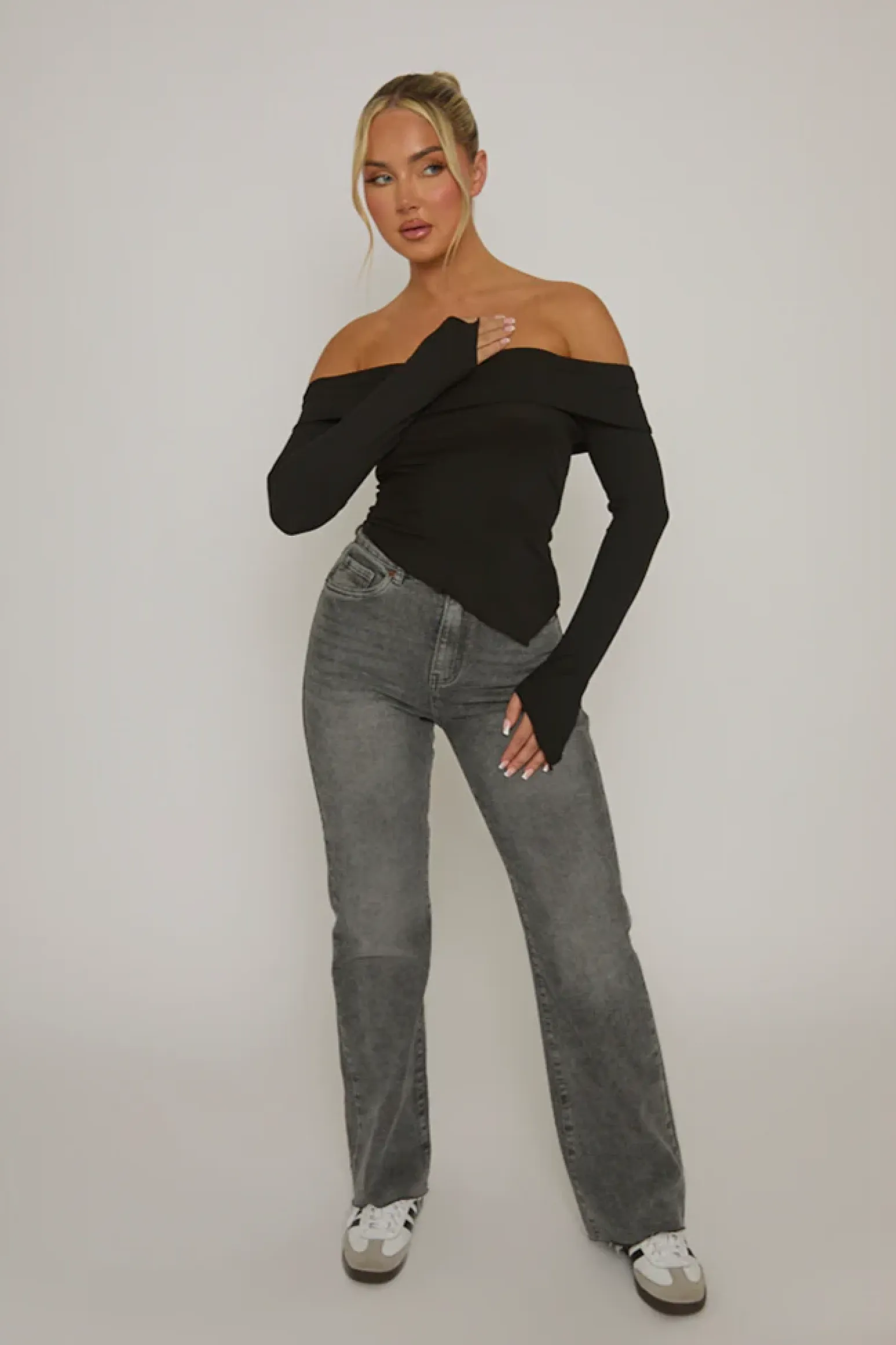 Rebellious Fashion Black Rib Bardot Asymmetric Top - Vittoria