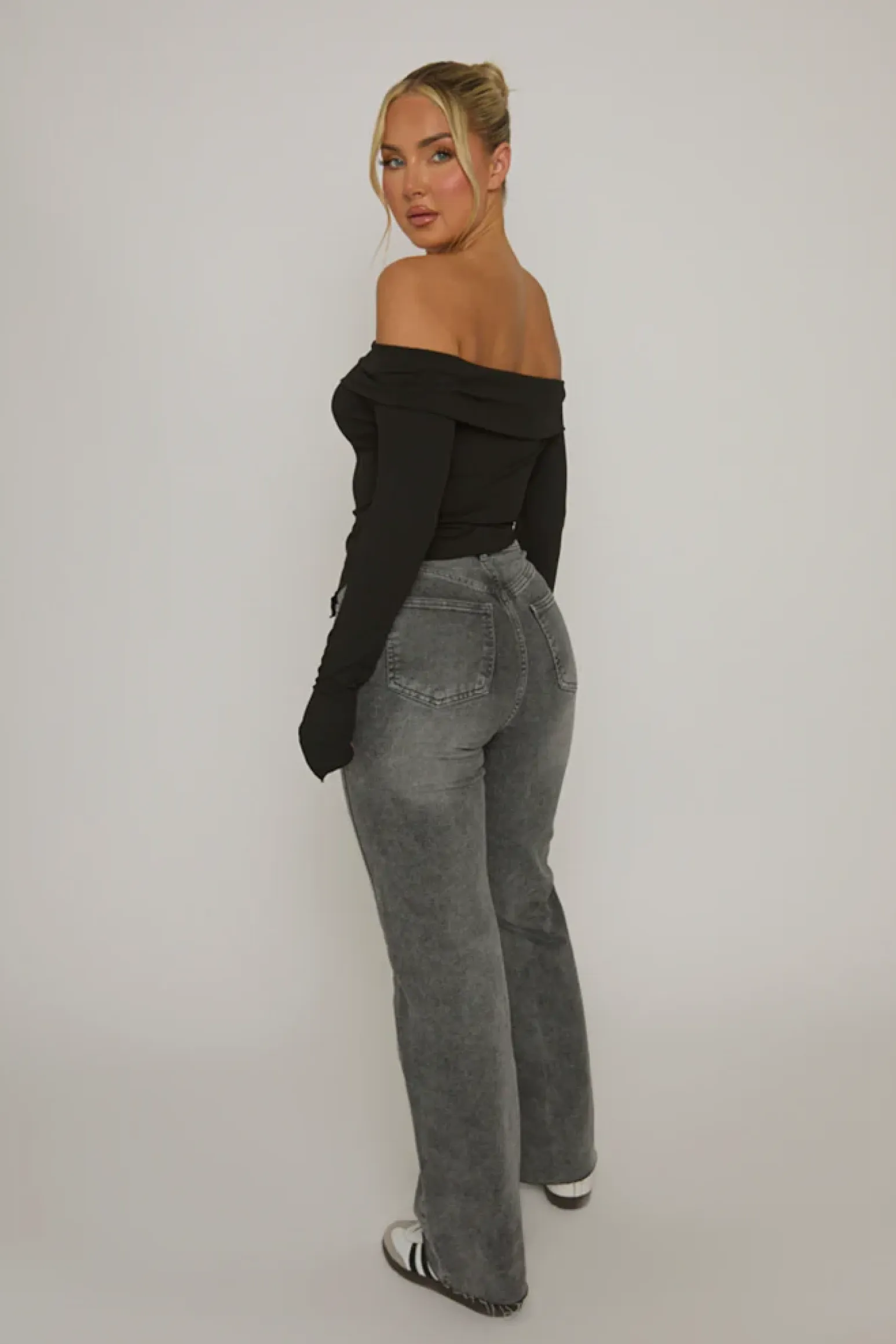 Rebellious Fashion Black Rib Bardot Asymmetric Top - Vittoria