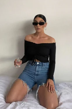 Rebellious Fashion Black Ribbed Bardot Crop Top - Daniah