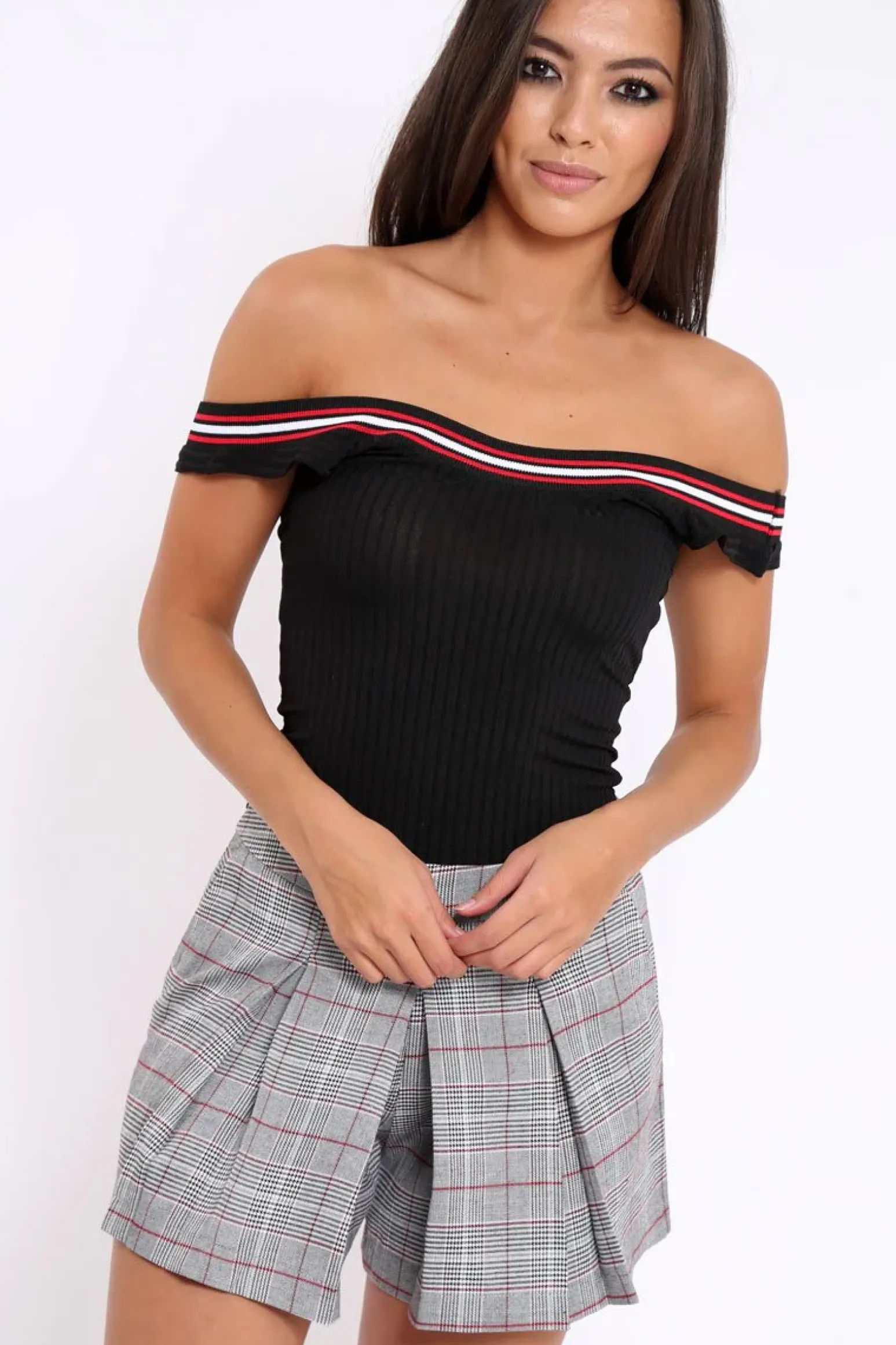 Rebellious Fashion Black Ribbed Bodysuit with Sport Trim - Tracey