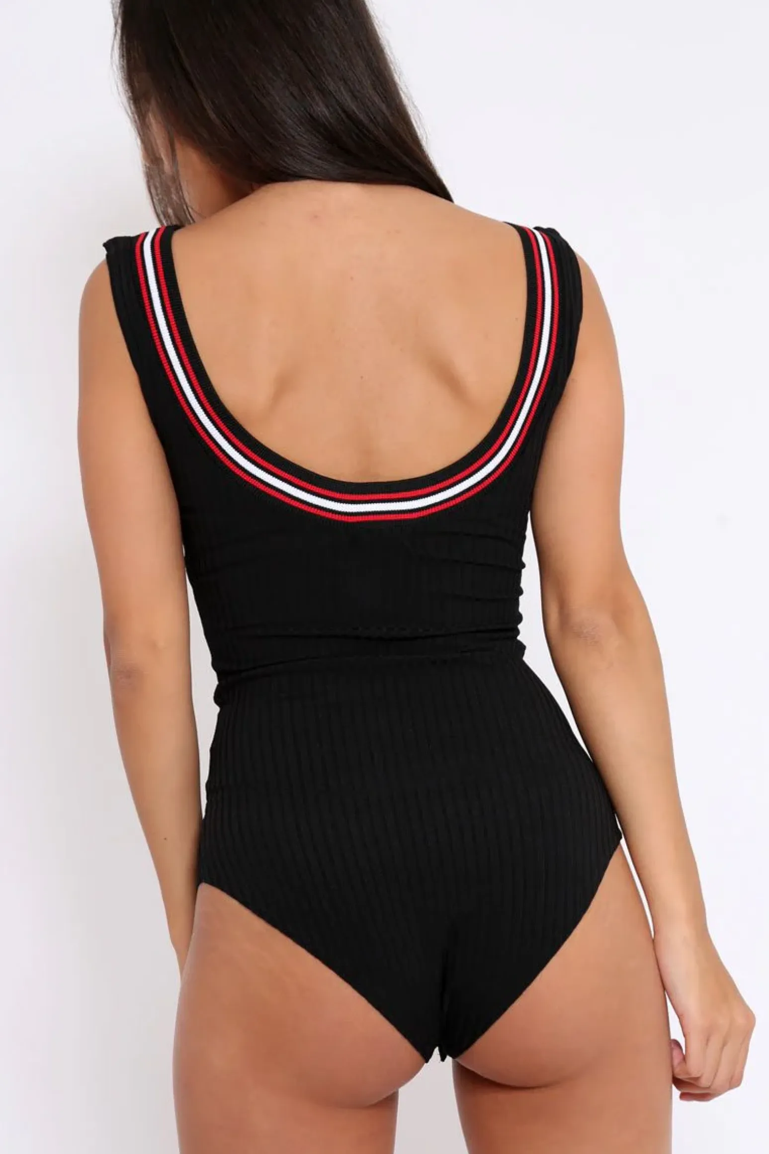Rebellious Fashion Black Ribbed Bodysuit with Sport Trim - Tracey