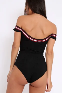 Rebellious Fashion Black Ribbed Bodysuit with Sport Trim - Tracey